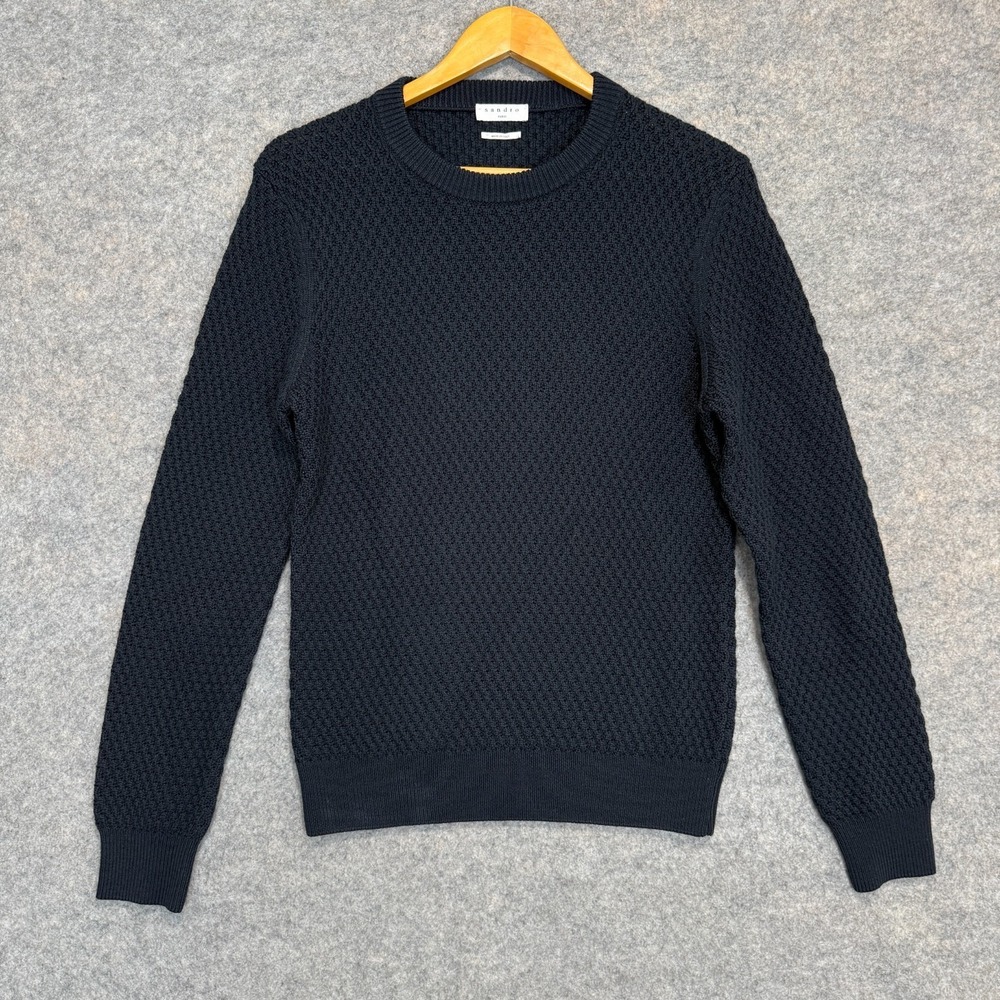 Sandro Paris Sweater Adult Medium Textured Knit Navy Blue Crewneck Cotton Italy
